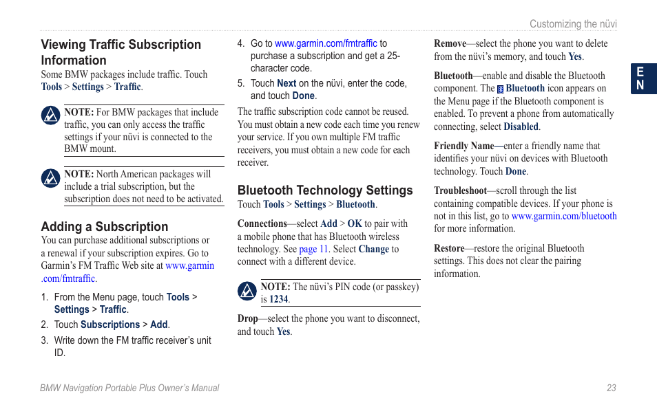 Viewing traffic subscription information, Adding a subscription, Bluetooth technology settings | Viewing traffic subscription, Information | BMW Navigation Portable Plus User Manual | Page 29 / 40