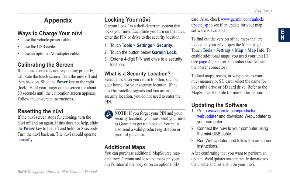 Appendix, Ways to charge your nüvi, Calibrating the screen | Resetting the nüvi, Locking your nüvi, Additional maps, Updating the software | BMW Navigation Portable Plus User Manual | Page 31 / 40