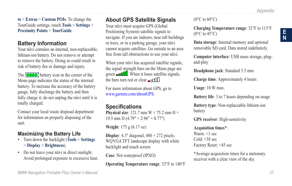 Battery information, About gps satellite signals, Specifications | BMW Navigation Portable Plus User Manual | Page 33 / 40