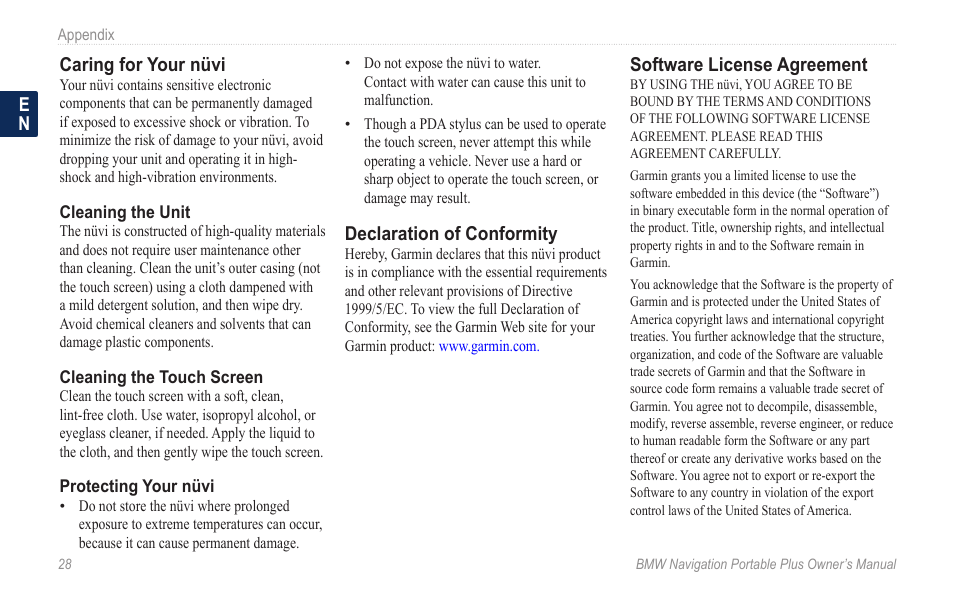 Caring for your nüvi, Declaration of conformity, Software license agreement | En caring for your nüvi, Eclaration of conformity | BMW Navigation Portable Plus User Manual | Page 34 / 40