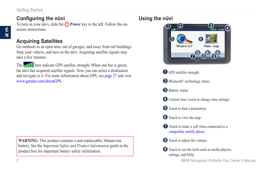 Configuring the nüvi, Acquiring satellites, Using the nüvi | BMW Navigation Portable Plus User Manual | Page 8 / 40