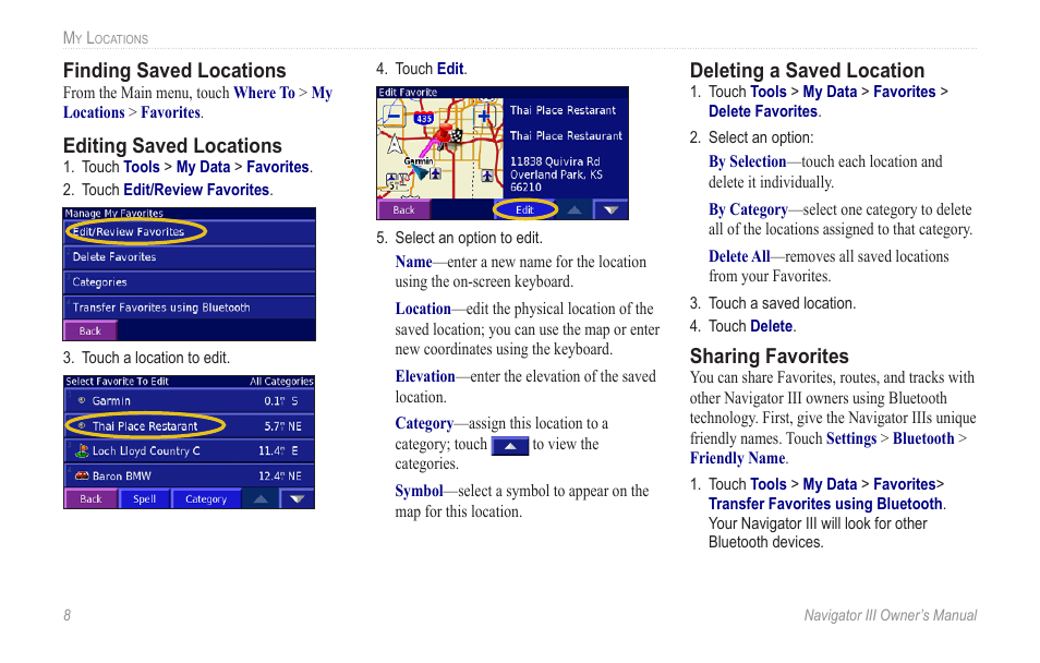 Finding saved locations, Editing saved locations, Deleting a saved location | Sharing favorites | BMW III User Manual | Page 11 / 34