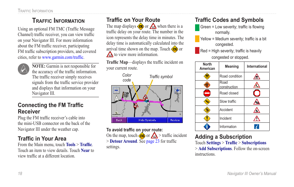 Traffic information, Connecting the fm traffic receiver, Traffic in your area | Traffic on your route, Traffic codes and symbols, Adding a subscription | BMW III User Manual | Page 21 / 34