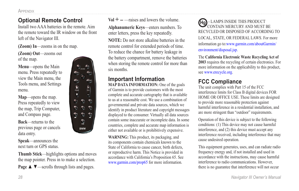 Optional remote control, Important information, Fcc compliance | BMW III User Manual | Page 31 / 34