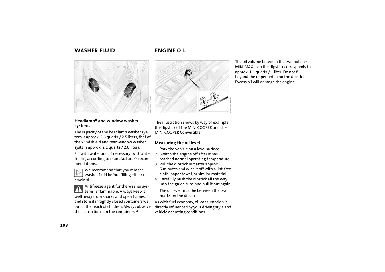 Washer fluid, Engine oil, Engine oil dipstick | Ystem, Stem, Pstick | BMW 2004 Mini Convertible Cooper User Manual | Page 110 / 165