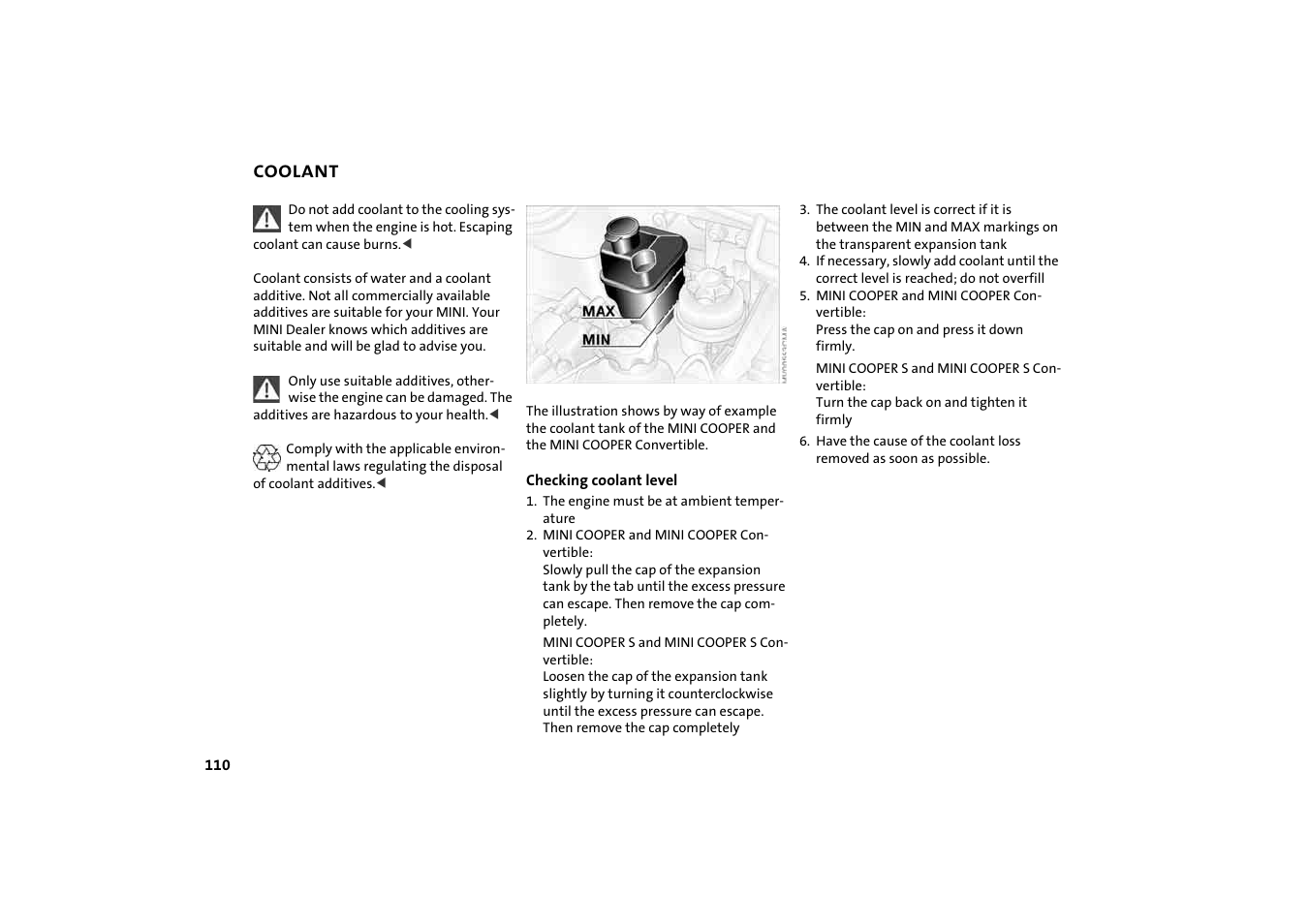 Coolant, Oolant expansion tank | BMW 2004 Mini Convertible Cooper User Manual | Page 112 / 165