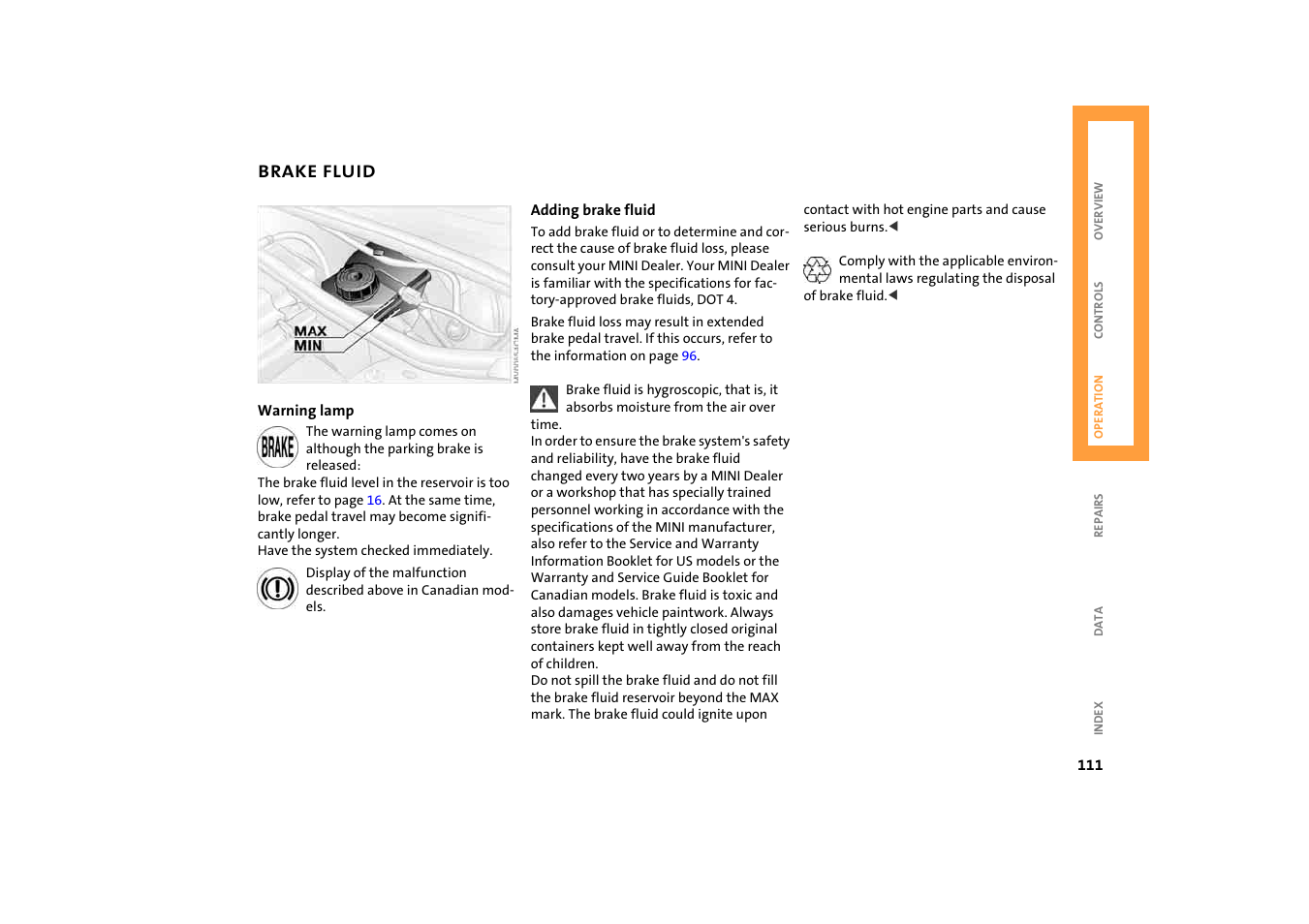 Brake fluid, D reservoir | BMW 2004 Mini Convertible Cooper User Manual | Page 113 / 165