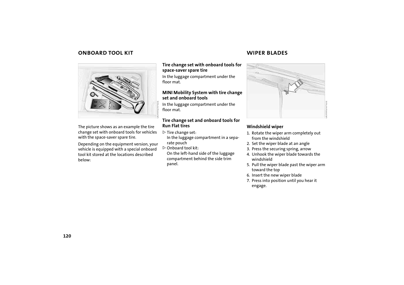 Onboard tool kit, Wiper blades, Unscrew th | BMW 2004 Mini Convertible Cooper User Manual | Page 122 / 165