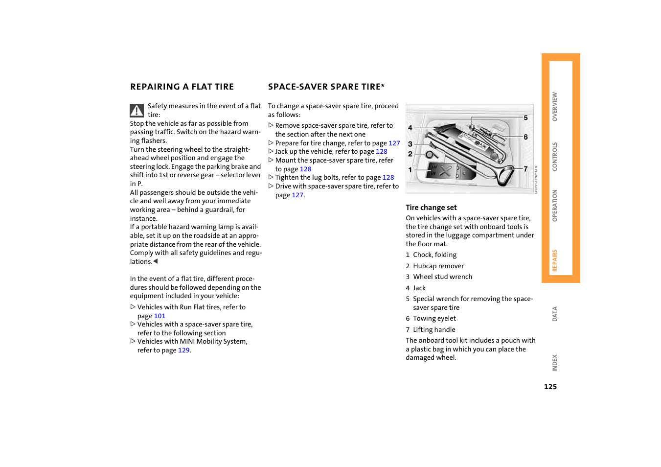 Repairing a flat tire, Space-saver spare tire, E-saver spare tire | BMW 2004 Mini Convertible Cooper User Manual | Page 127 / 165