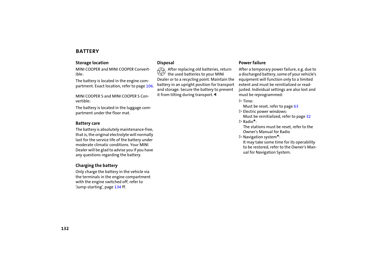 Battery | BMW 2004 Mini Convertible Cooper User Manual | Page 134 / 165