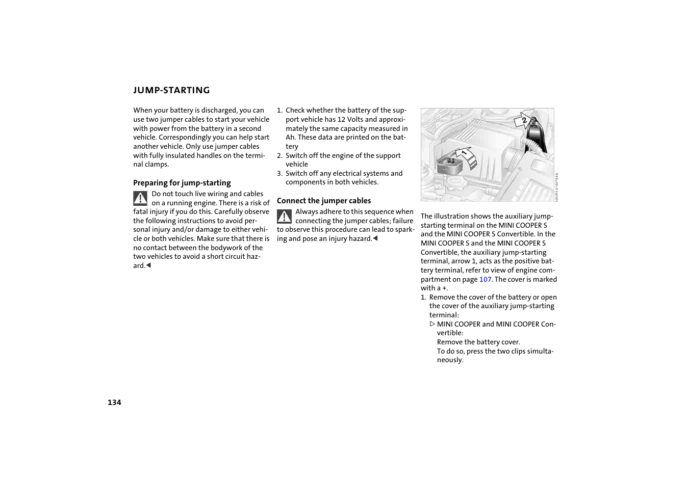 Jump-starting | BMW 2004 Mini Convertible Cooper User Manual | Page 136 / 165