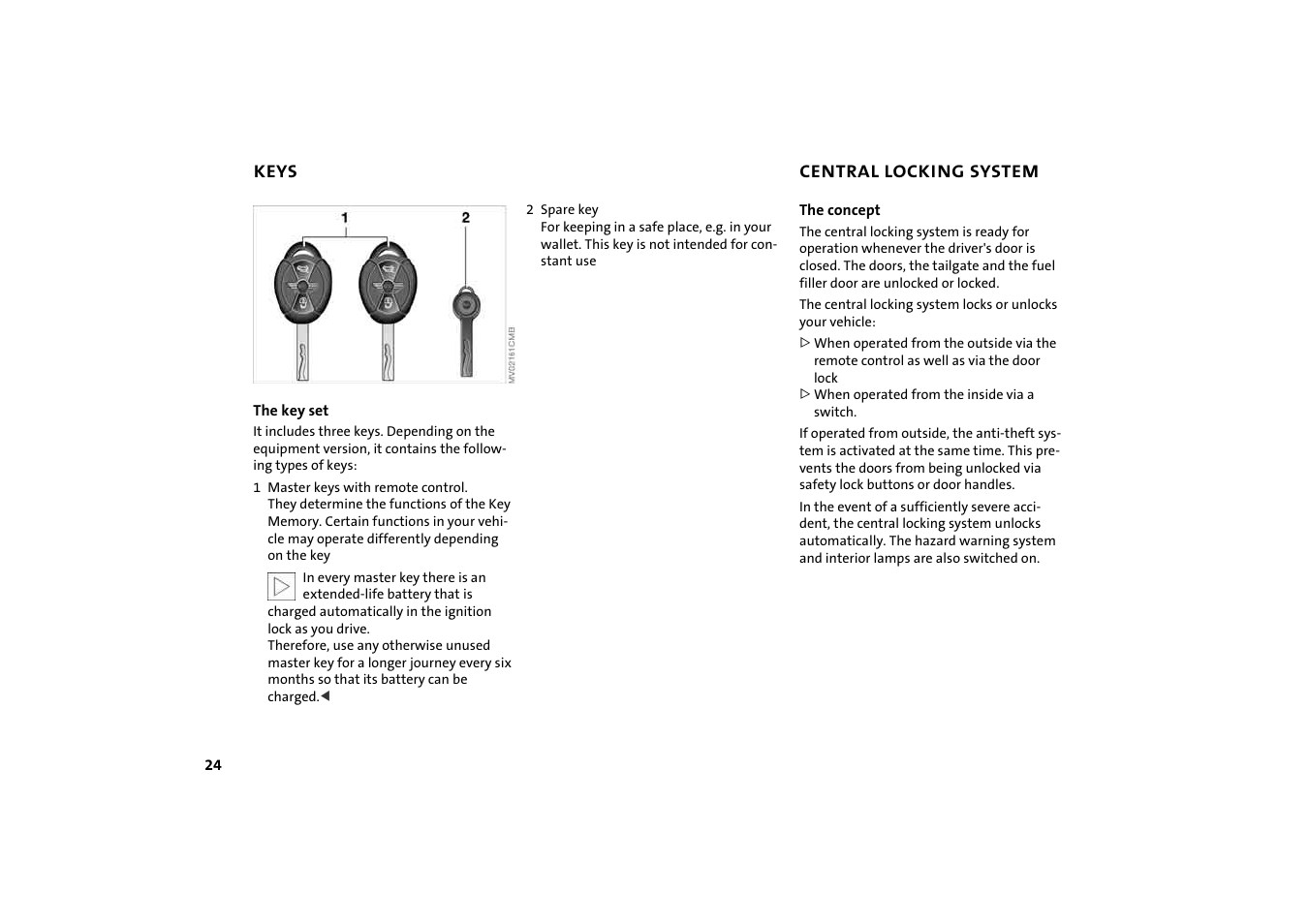 Keys, Central locking system | BMW 2004 Mini Convertible Cooper User Manual | Page 26 / 165