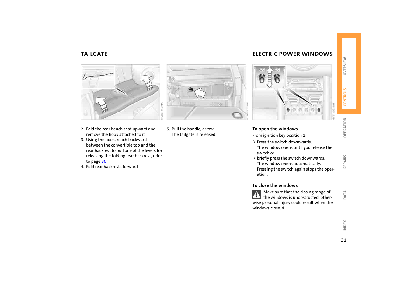 Electric power windows | BMW 2004 Mini Convertible Cooper User Manual | Page 33 / 165