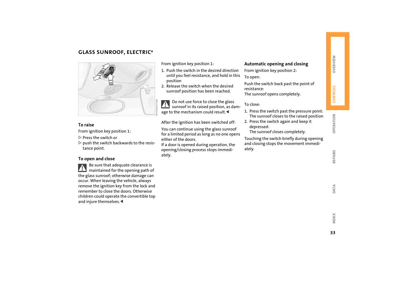 Glass sunroof, electric | BMW 2004 Mini Convertible Cooper User Manual | Page 35 / 165