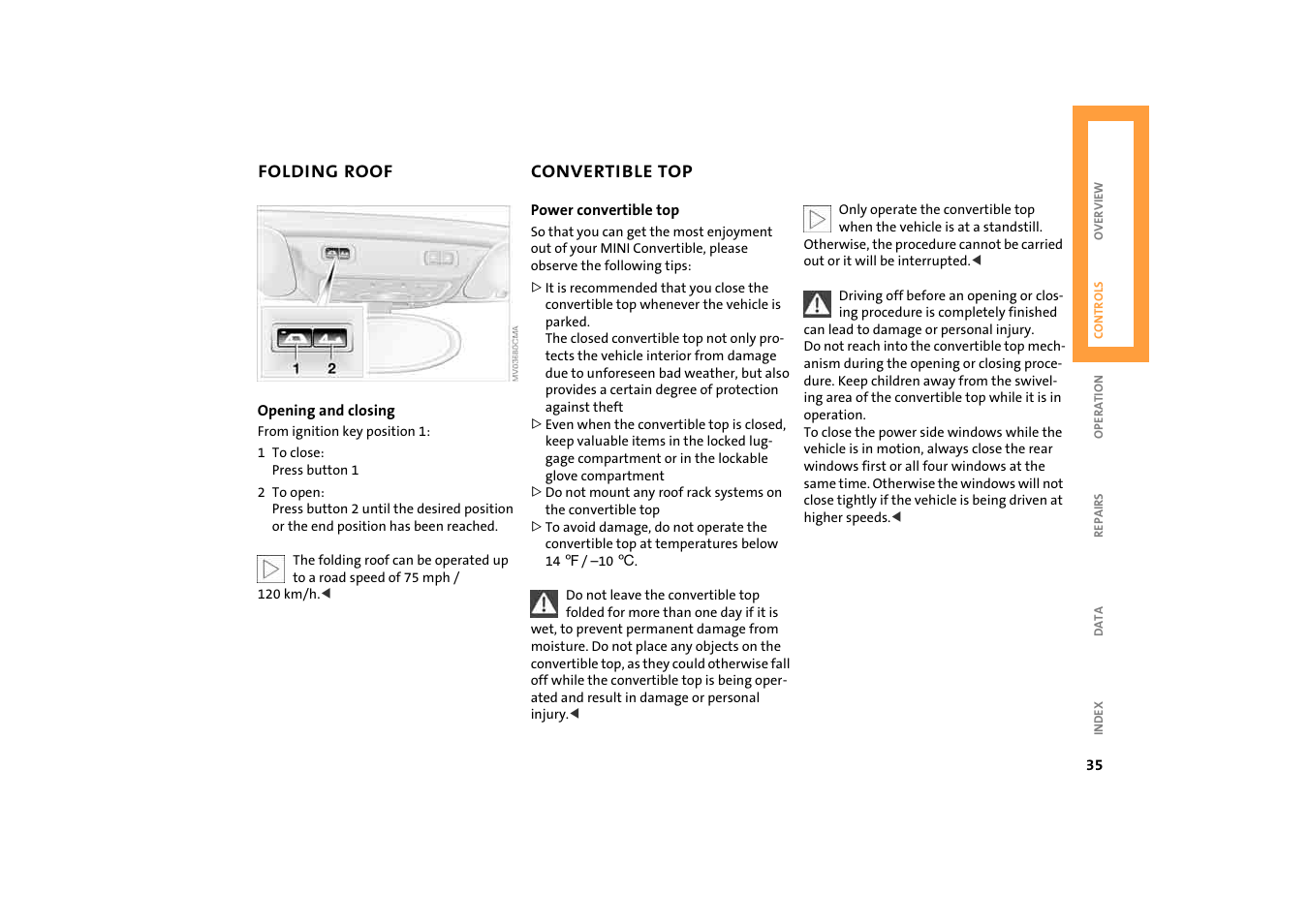 Folding roof, Convertible top | BMW 2004 Mini Convertible Cooper User Manual | Page 37 / 165