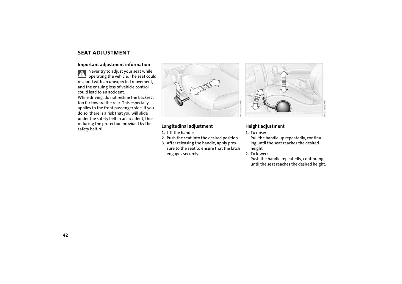 Seat adjustment | BMW 2004 Mini Convertible Cooper User Manual | Page 44 / 165