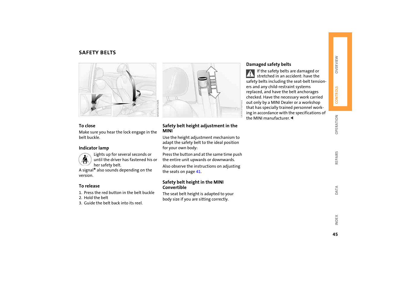 Safety belts | BMW 2004 Mini Convertible Cooper User Manual | Page 47 / 165