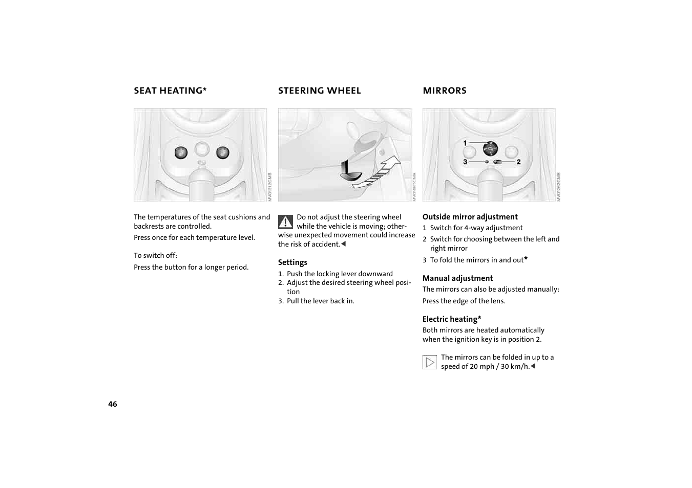 Seat heating, Steering wheel, Mirrors | BMW 2004 Mini Convertible Cooper User Manual | Page 48 / 165