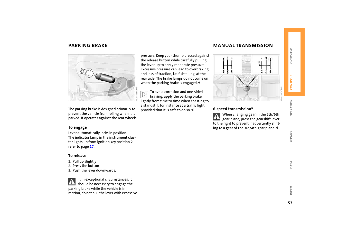 Parking brake, Manual transmission | BMW 2004 Mini Convertible Cooper User Manual | Page 55 / 165