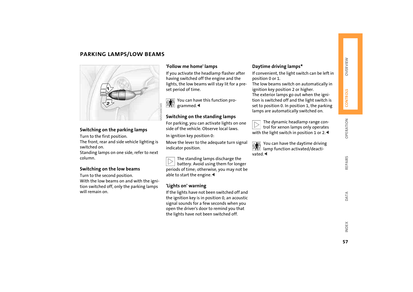 Parking lamps/low beams | BMW 2004 Mini Convertible Cooper User Manual | Page 59 / 165