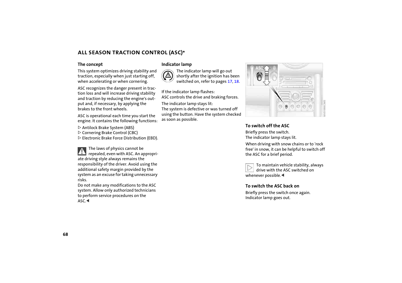 All season traction control (asc), Season traction control (asc) | BMW 2004 Mini Convertible Cooper User Manual | Page 70 / 165