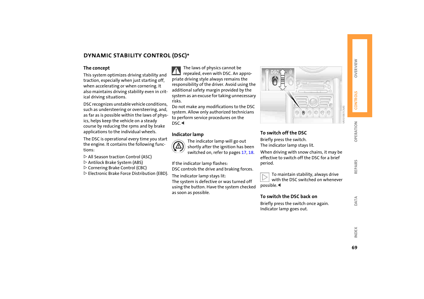 Dynamic stability control (dsc), Stability control (dsc) | BMW 2004 Mini Convertible Cooper User Manual | Page 71 / 165