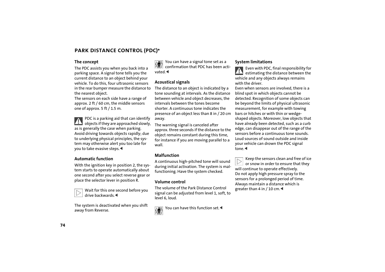 Park distance control (pdc) | BMW 2004 Mini Convertible Cooper User Manual | Page 76 / 165