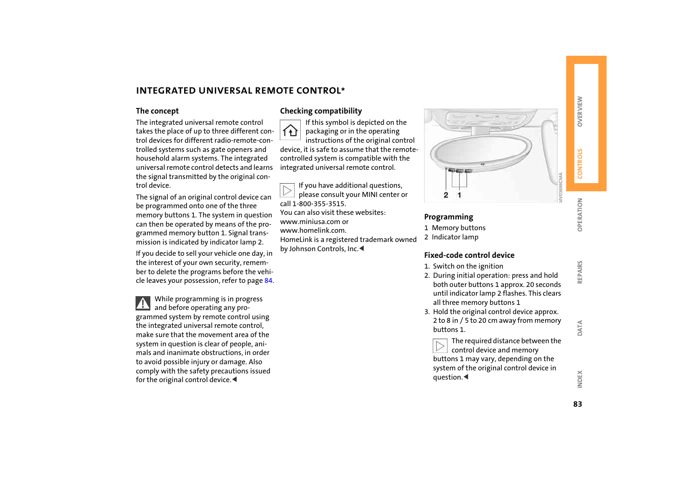 Integrated universal remote control, Mote control | BMW 2004 Mini Convertible Cooper User Manual | Page 85 / 165