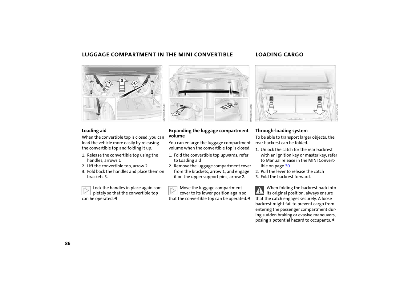 Luggage compartment in the mini convertible, Loading cargo, Luggage compartment in the mini | Convertible | BMW 2004 Mini Convertible Cooper User Manual | Page 88 / 165