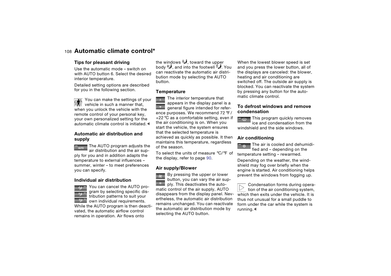 Supply, Individual air distribution, Condensation | Automatic climate control | BMW 330CI User Manual | Page 108 / 186