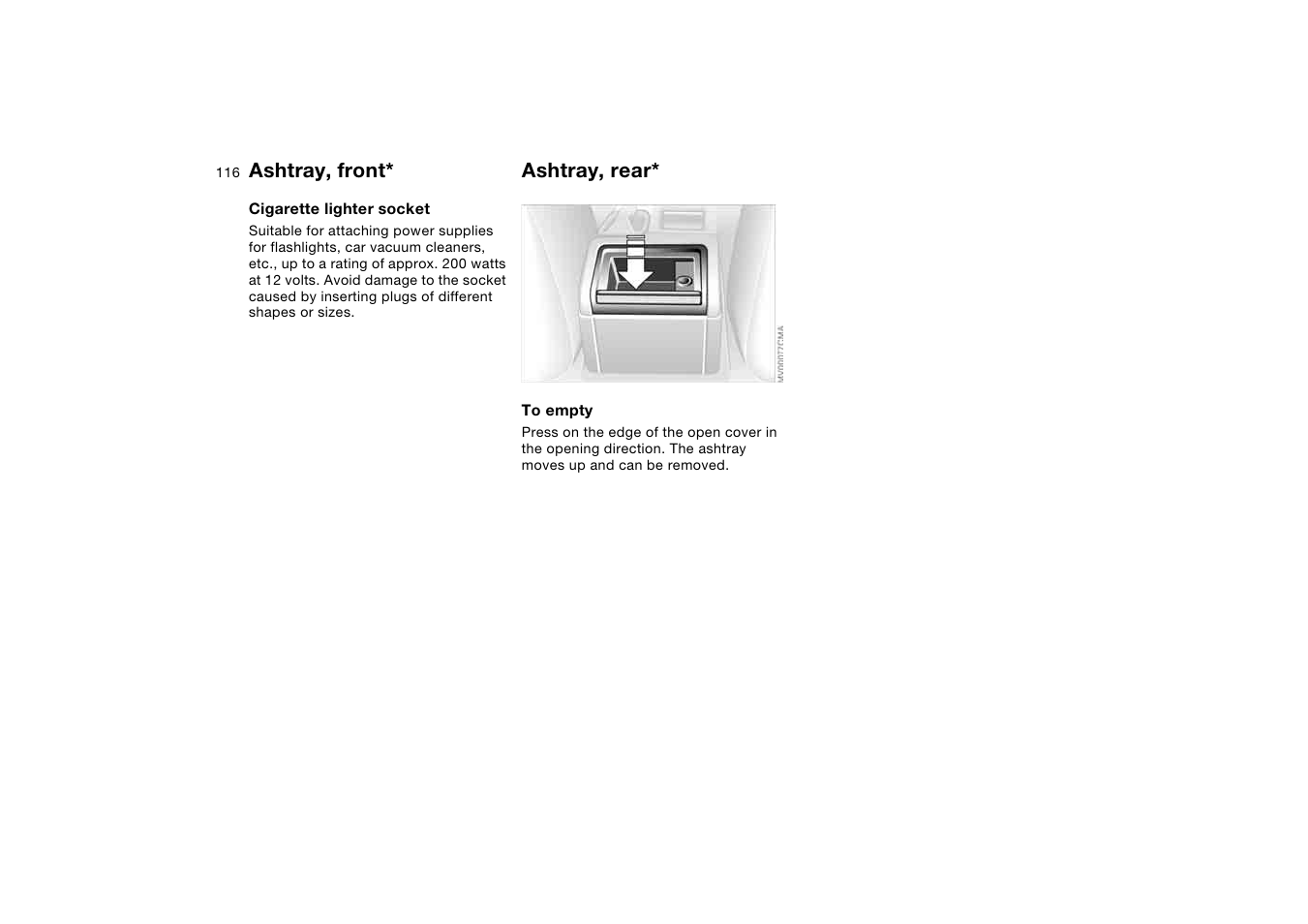 Ashtray, rear, Ashtray, front | BMW 330CI User Manual | Page 116 / 186