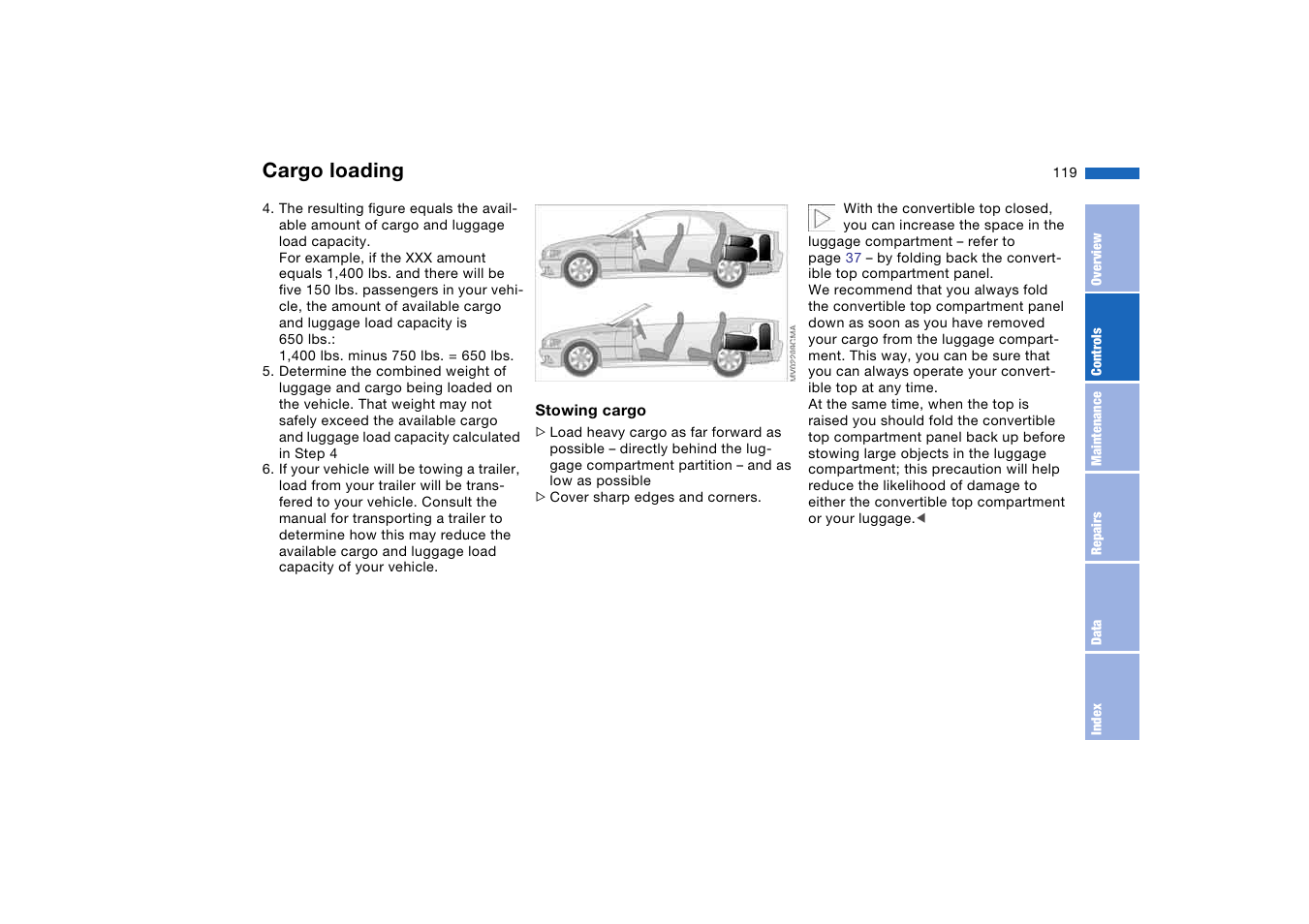 Cargo loading | BMW 330CI User Manual | Page 119 / 186