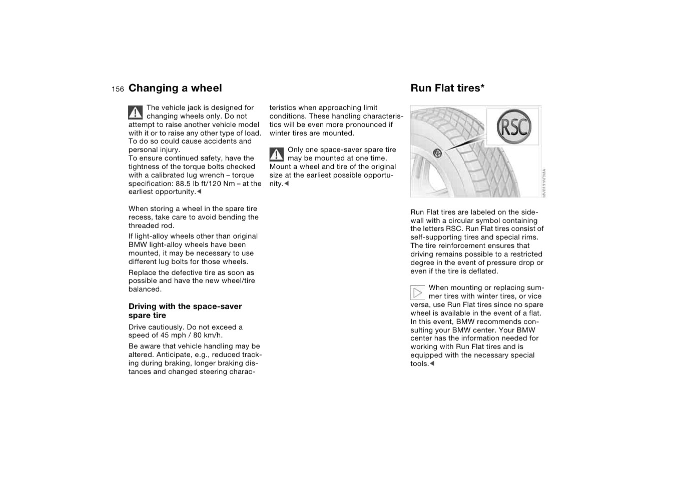 Run flat tires, Changing a wheel | BMW 330CI User Manual | Page 156 / 186