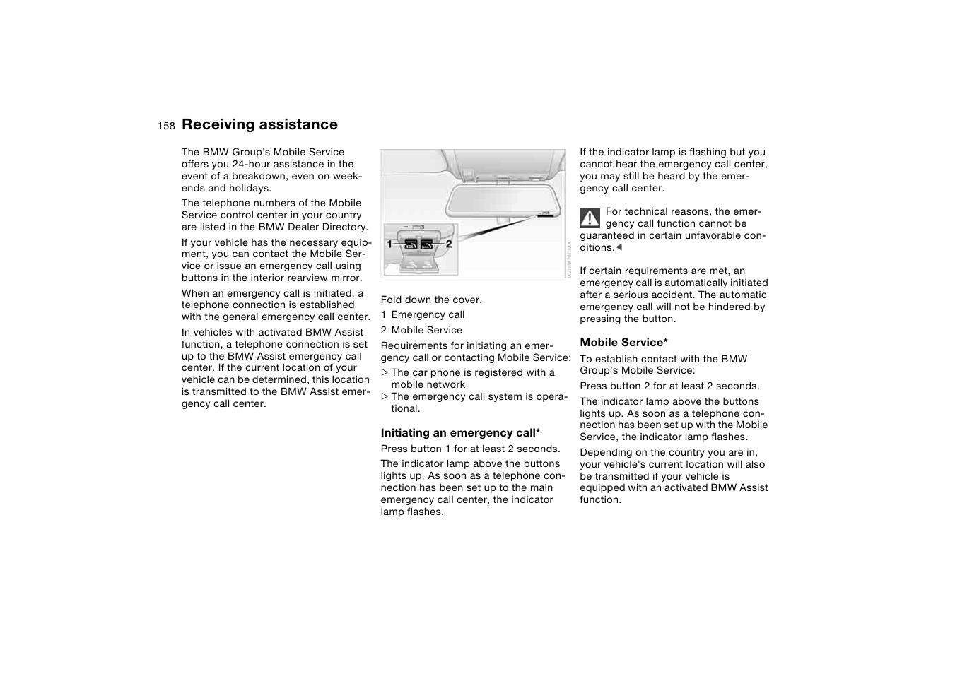 Giving and receiving assistance, Receiving assistance, Mobile service | BMW 330CI User Manual | Page 158 / 186