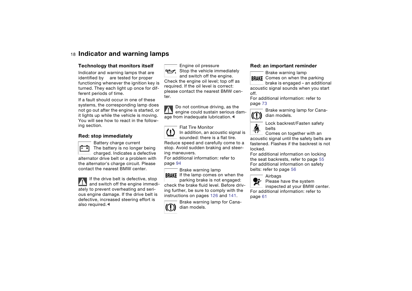 Indicator and warning lamps | BMW 330CI User Manual | Page 18 / 186