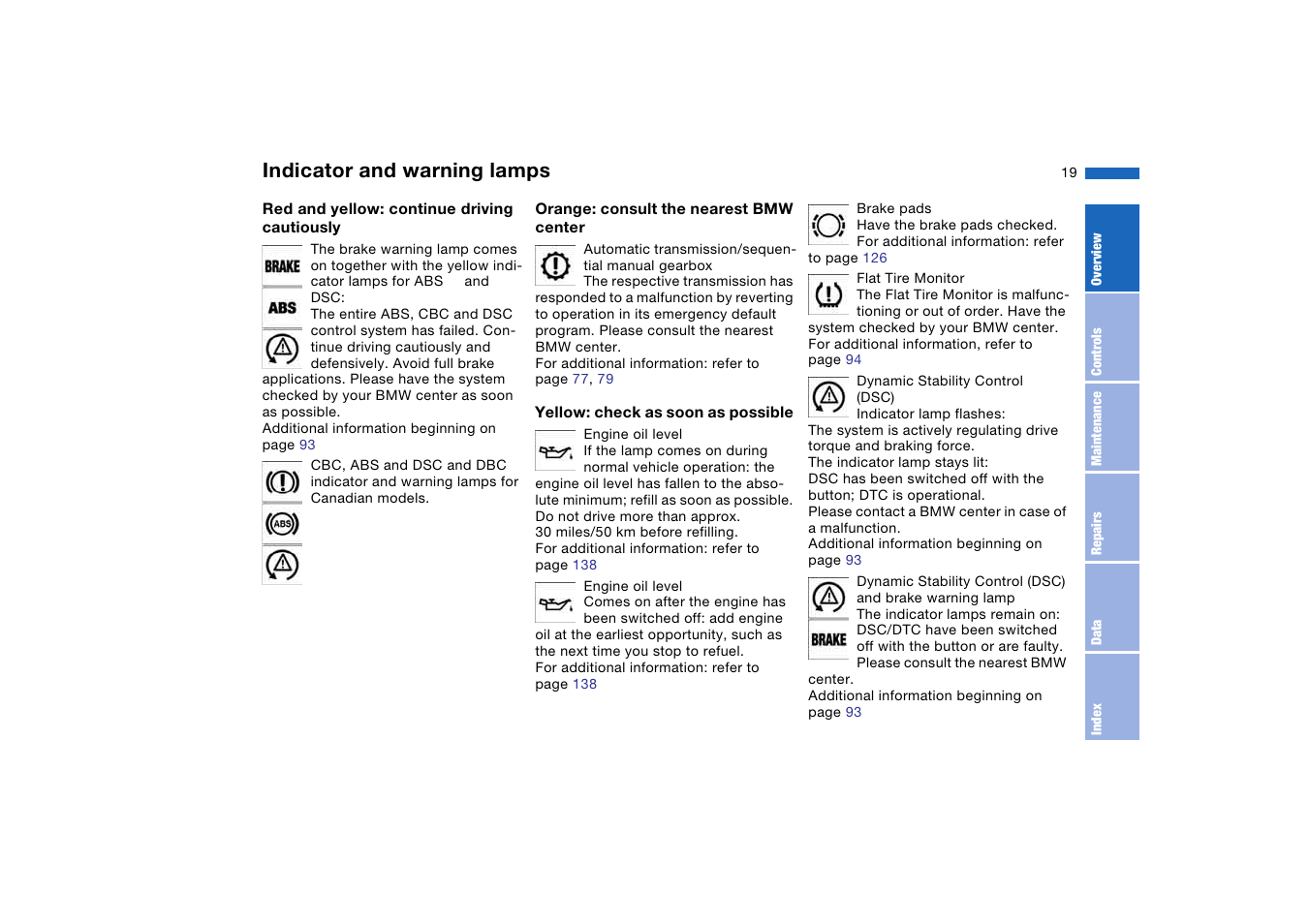 Indicator and warning lamps | BMW 330CI User Manual | Page 19 / 186