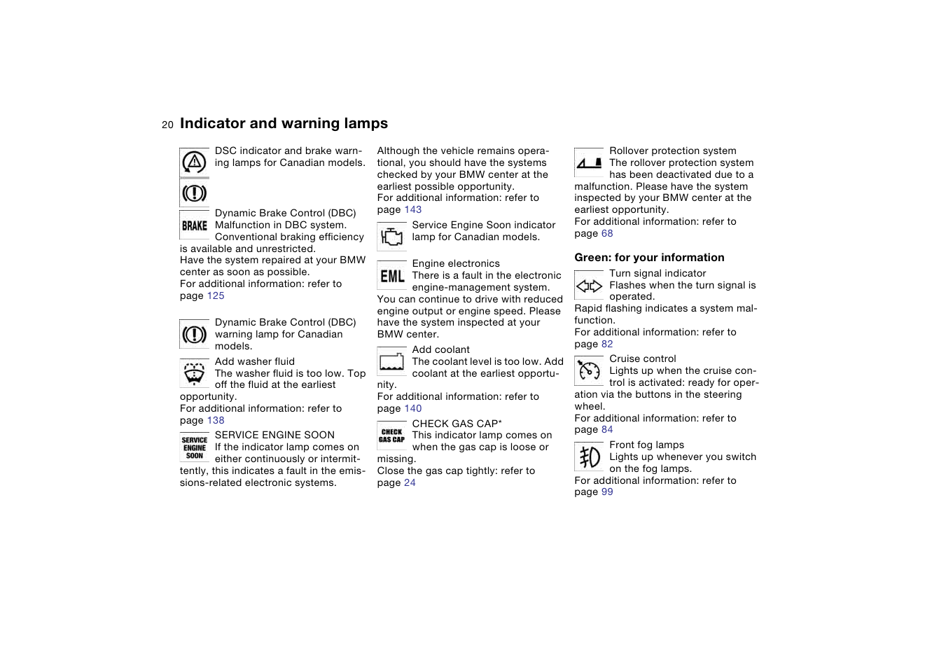 Indicator lamp for turn signals, Indicator and warning lamps | BMW 330CI User Manual | Page 20 / 186