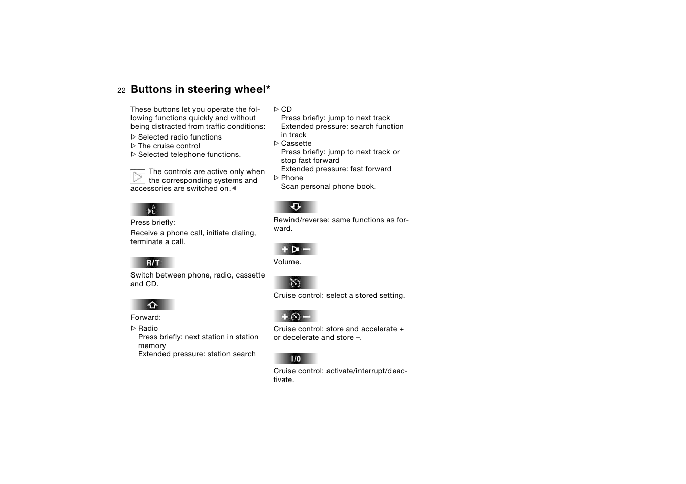 Buttons in steering wheel | BMW 330CI User Manual | Page 22 / 186