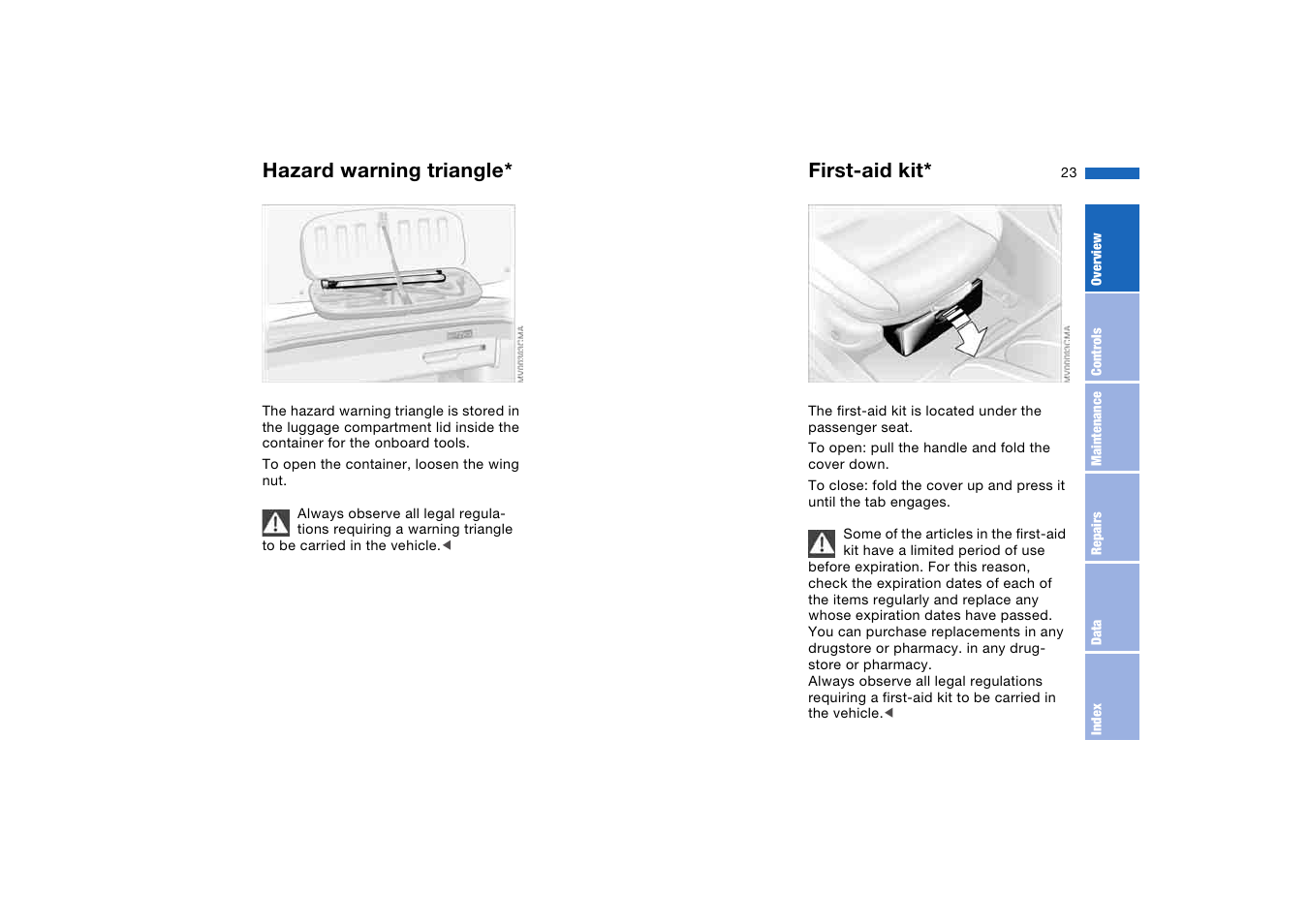 Hazard warning triangle, First-aid kit | BMW 330CI User Manual | Page 23 / 186