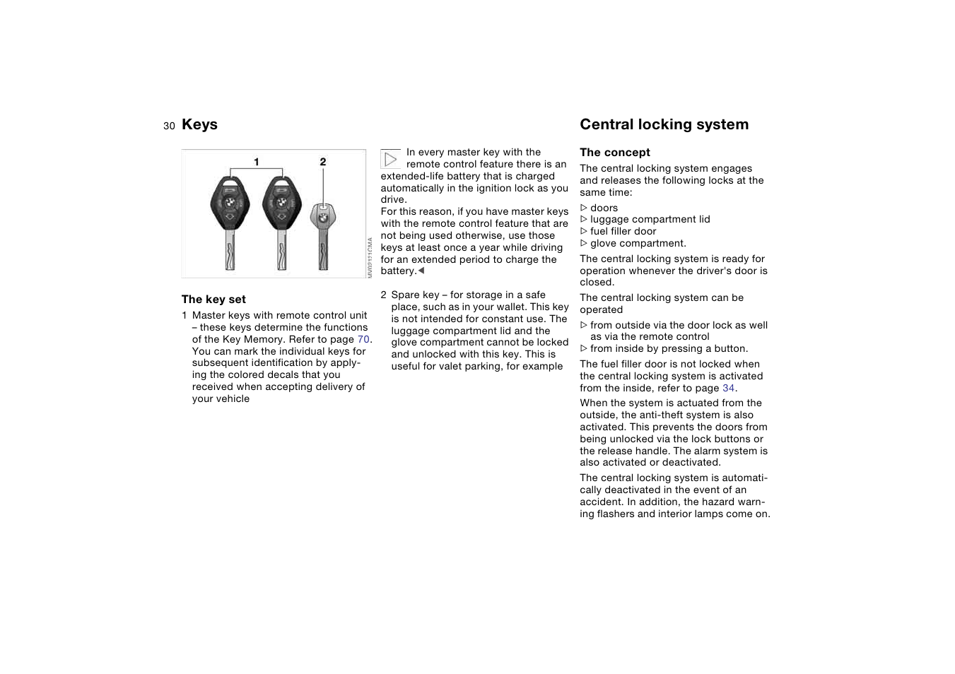 Opening and closing, Keys, Central locking system | BMW 330CI User Manual | Page 30 / 186