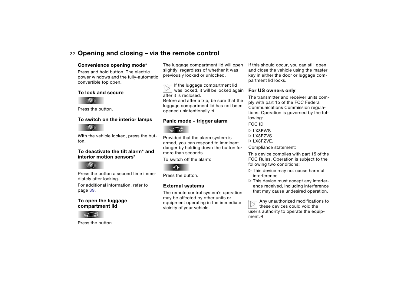 Opening and closing – via the remote control | BMW 330CI User Manual | Page 32 / 186