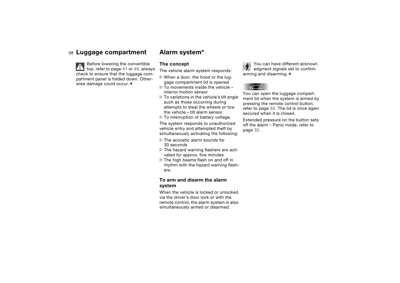 Alarm system, Luggage compartment | BMW 330CI User Manual | Page 38 / 186