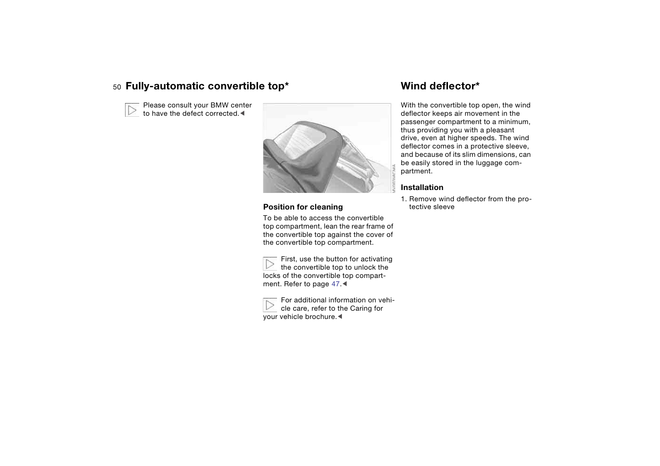 Wind deflector, Fully-automatic convertible top | BMW 330CI User Manual | Page 50 / 186