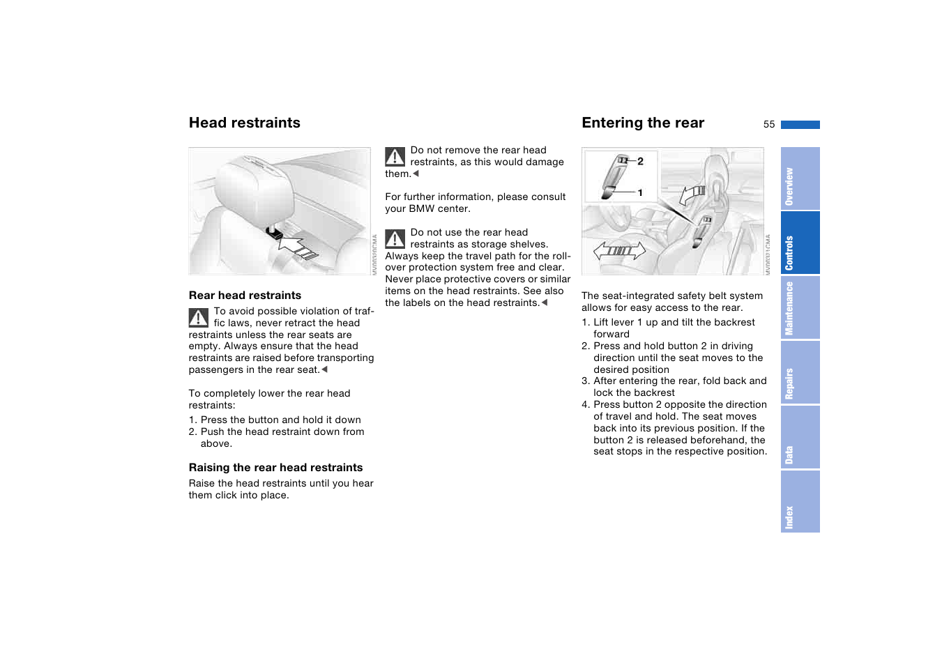 Entering the rear, Head restraints | BMW 330CI User Manual | Page 55 / 186