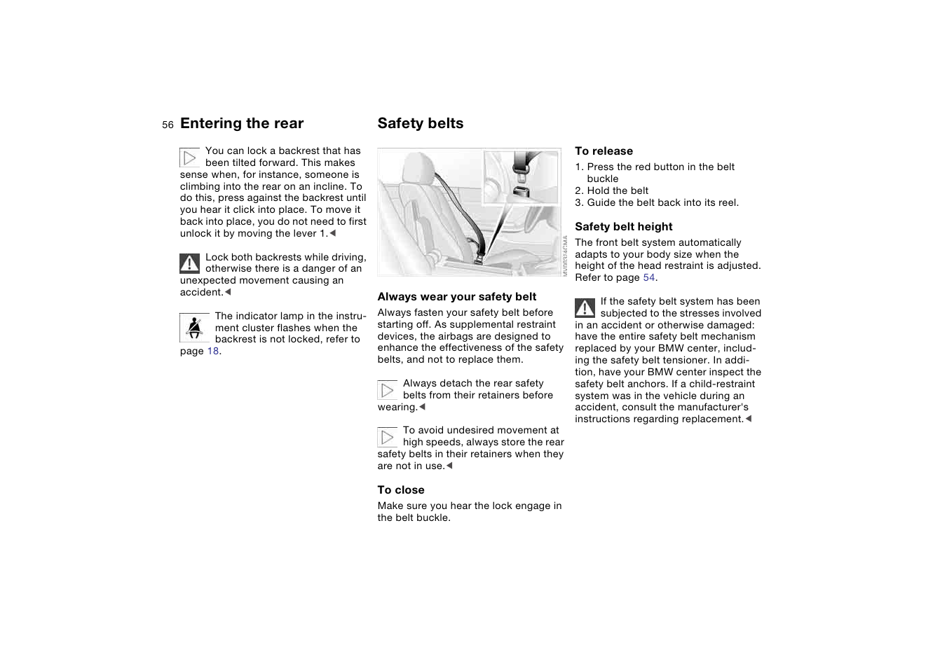 Safety belts, Entering the rear | BMW 330CI User Manual | Page 56 / 186