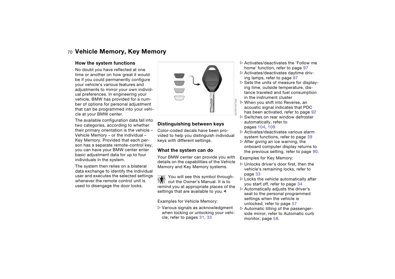 Vehicle memory, key memory, Vehicle memory, key, Memory | BMW 330CI User Manual | Page 70 / 186