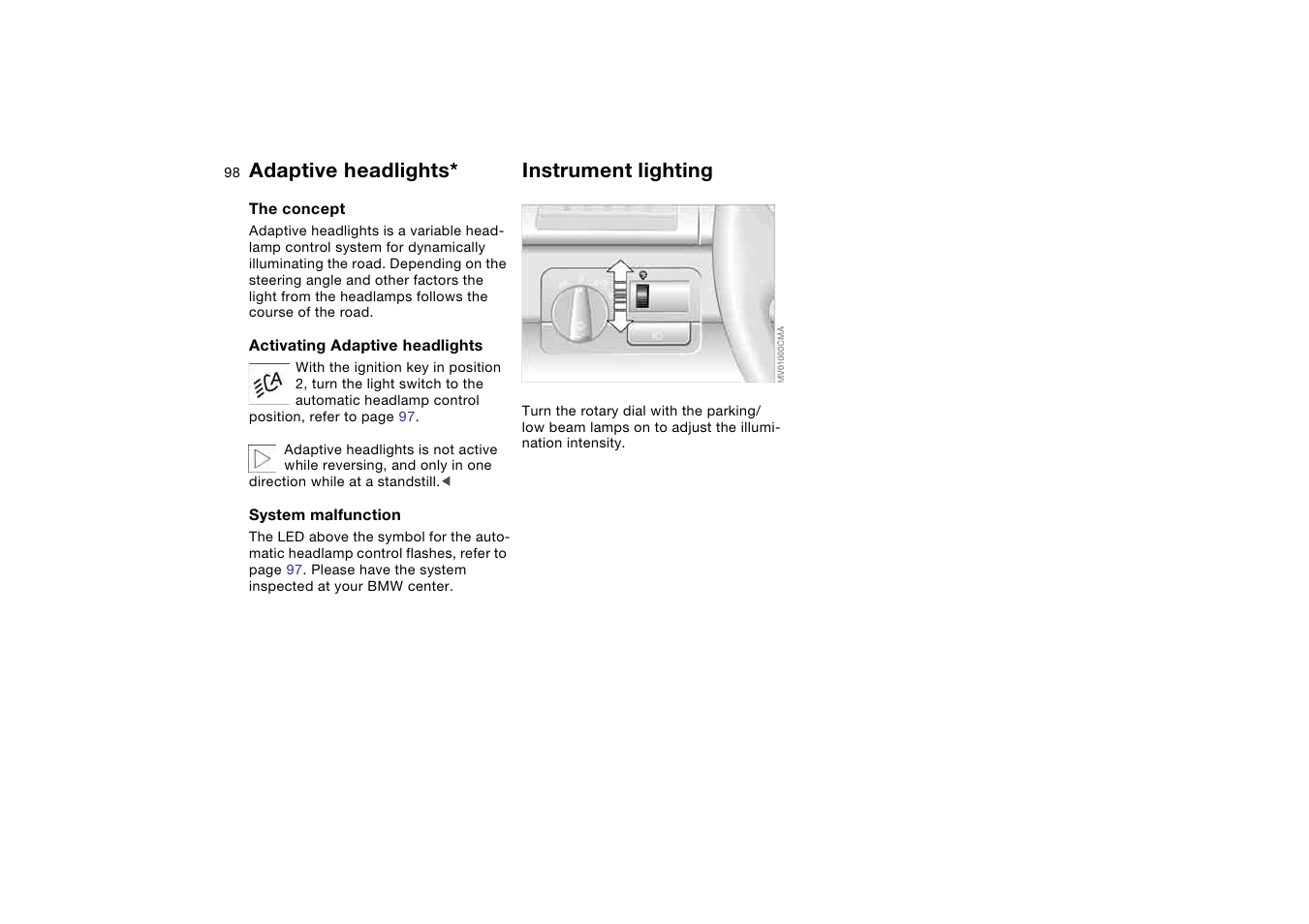 Adaptive headlights, Instrument lighting | BMW 330CI User Manual | Page 98 / 186