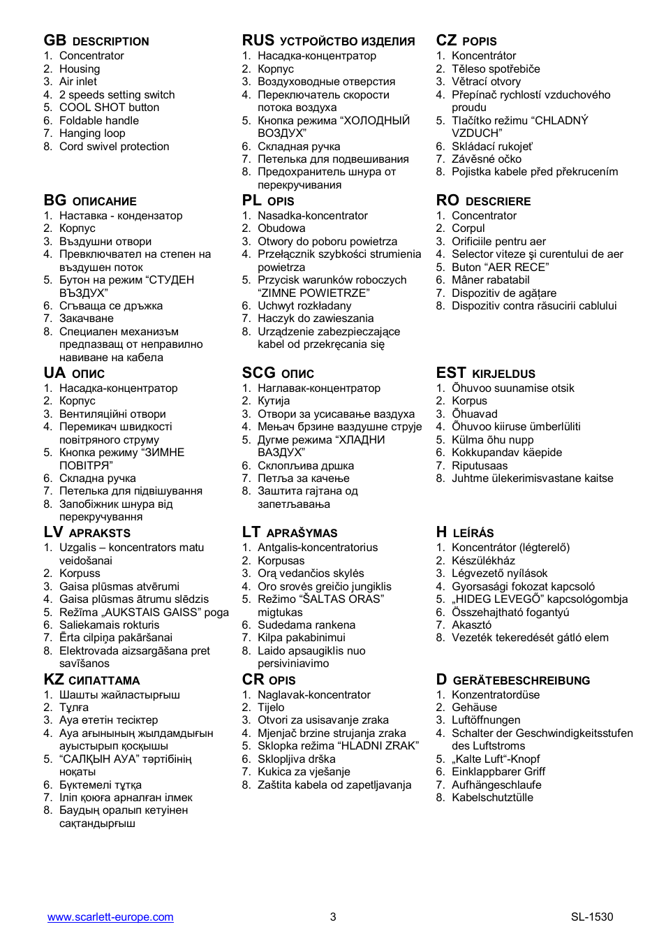 Rus cz, Bg pl, Ua scg est | Kz cr | Scarlett SL-1530 User Manual | Page 3 / 13