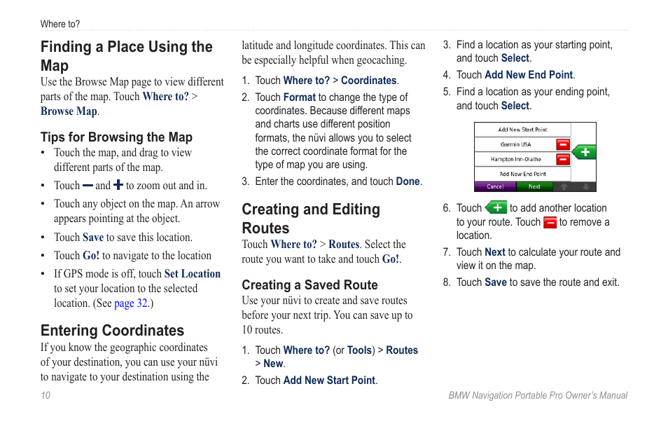 Finding a place using the map, Entering coordinates, Creating and editing routes | BMW Navigation Portable Pro User Manual | Page 16 / 56