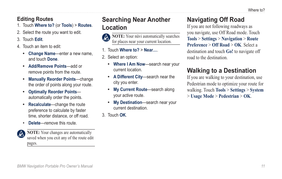 Searching near another location, Navigating off road, Walking to a destination | Searching near another, Location | BMW Navigation Portable Pro User Manual | Page 17 / 56